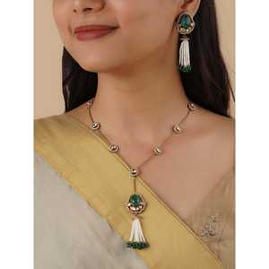 Ensemble de collier en faux polki plaqué or de couleur verte avec diamants et perles, bijoux fins PK-S138GR pour cadeau - Product Image 1