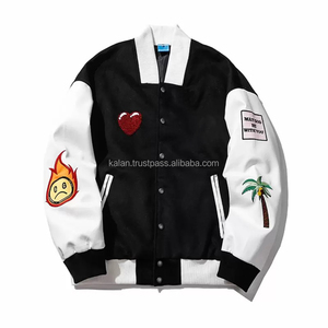 Chaqueta informal Varsity para invierno, ropa de béisbol, cuello levantado, cuerpo de lana negra, chenilla marrón, bordado de trabajo a prueba de viento - Product Image 3