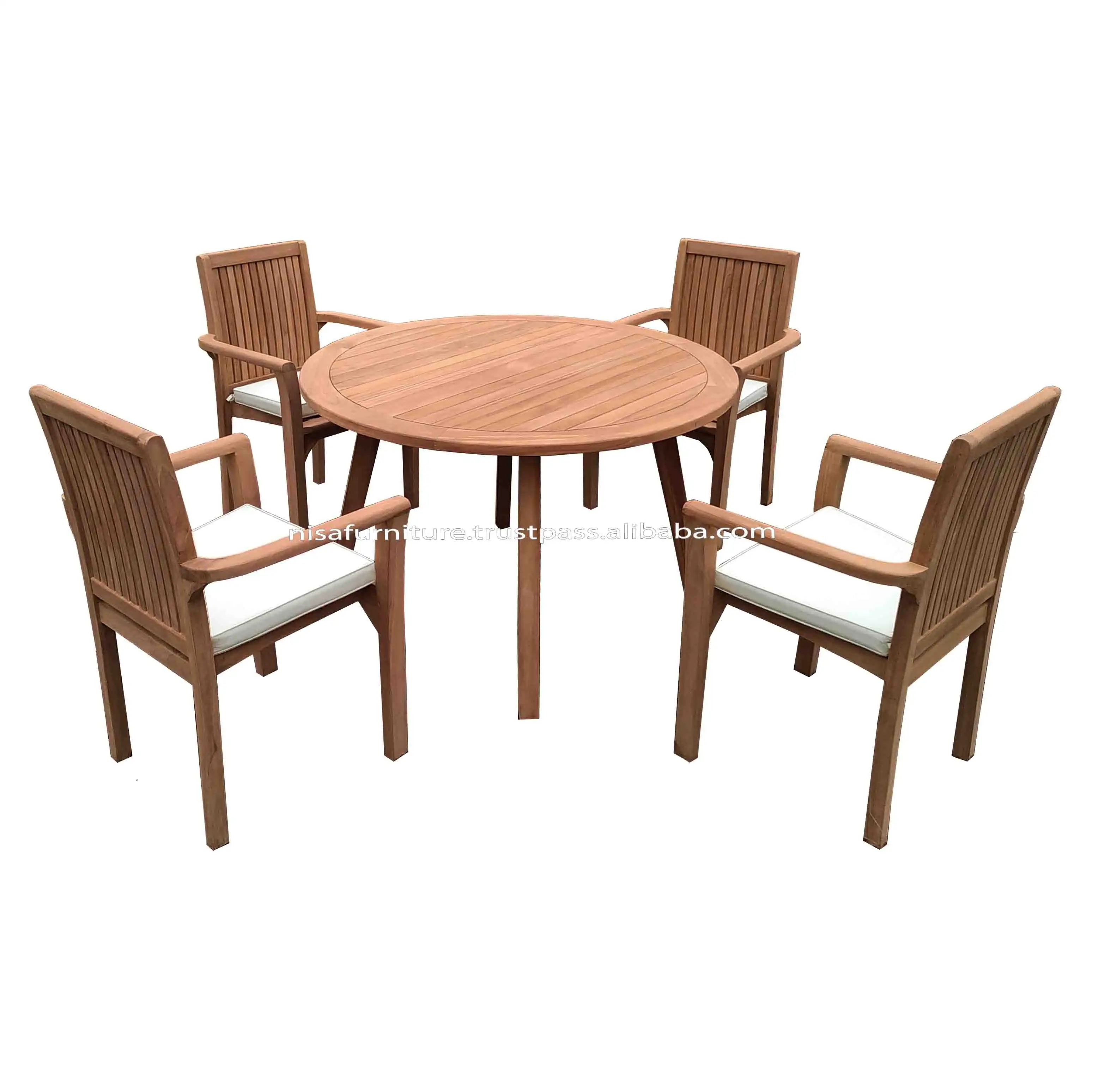 원형 테이블 현대적인 디자인 스태킹 의자 세로 칸막이 티크 식당 의자와 테이블 야외 파티오 정원 세트 가구