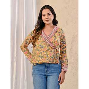 Blusa Elegante Amarilla para Mujer con Estampado Jaal, Cuello Asimétrico, Decoración Lateral con Bordado Dori, Tela Popelina, Corte Holgado, Talla XL, para Oficina - Product Image 1