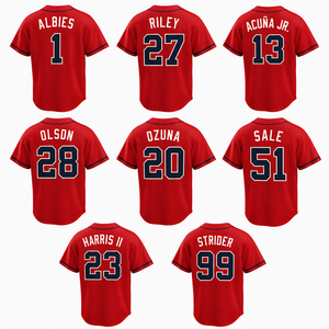 Maillot de baseball unisexe rouge à col rond et manches courtes, numéros d'équipe imprimés par transfert thermique, séchage rapide, respirant, en polyester, ajustable - Product Image 2