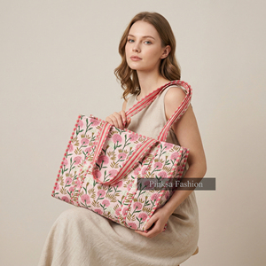 Bolso Tote de Algodón Acolchado con Estampado a Mano de Jaipur, Grande, Rosa Floral, Bolso de Playa para Mujer - Product Image 4