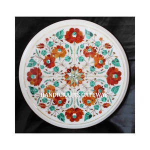 Handmade Top Quality <b>White</b> Marble Flower Inlay Design Coffee and Tea <b>Table</b> Top, Indian Stone Use Office and Restaurant <b>Table</b> Top - Product Image 1