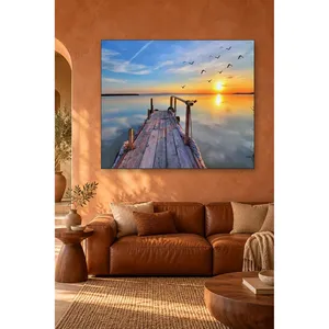 Impression sur toile de l'embouchure du quai Fida s'étendant sur le lac au coucher du soleil avec des oiseaux - Product Image 3