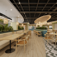 Table et chaises de salle à manger en bois style Japandi, mobilier commercial pour restaurant, banquette îlot avec séparateur et jardinière
