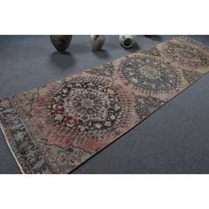 3.3x12.7 ft Vintage Rug, Turkish Runner Rug, <b>Brown</b> Blue Moroccan <b>Wool</b> Rug - Product Image 2