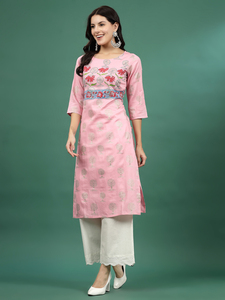 Haute sur demande à la mode Top qualité femmes rose broderie droite Kurta brodé avec travail imprimé exportateur indien - Product Image 5