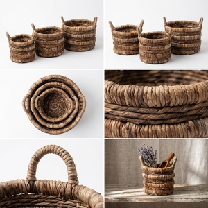 Ensemble de paniers de rangement en écorce de bananier naturelle, empilables, avec poignée en anneau arqué, pots cylindriques, pour décoration artistique de pièce et artisanat - Product Image 2