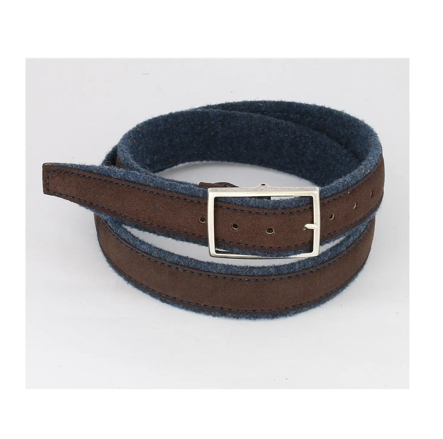 Cinturón de piel de becerro auténtica y lana virgen hecho a mano en Italia para hombre, con costuras de cuero cosidas arriba y hebilla de acero
