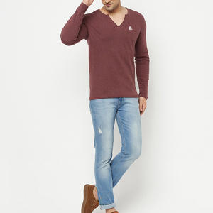 T-shirt en coton à manches longues pour homme, col en V, logo personnalisé, t-shirt à manches longues pour homme, col en V - Product Image 5