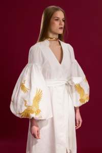 ชุดแมกซี่เดรสผ้าลินินสีขาวปักสีทองแขนเครนแบบมีเข็มขัดเอวชุดเดรสโบฮีเมียนของผู้หญิงหรูหรา2026ใหม่ขายส่ง - Product Image 5