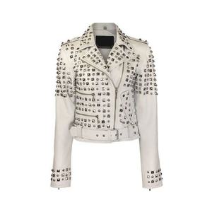 Handmade Women-Silver Studded-White Genuine Leather Fashion Studded Biker Short Jackets With Belted - Product Image 1