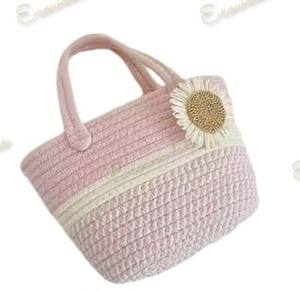 Bolso de ganchillo decorado con flores hermosas Multicolor, bolso de playa de paja de hombro tejido a mano para vacaciones con doble asa para mujer - Product Image 6