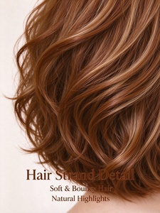 Peluca Corta Ondulada Marrón Caramelo, Peluca de Cabello Sintético con Encaje Completo sin Pegamento para Mujer, Uso Diario - Product Image 6