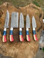 Ensemble de couteaux de cuisine tout usage Texas Handle, 5 pièces, acier damas, haute teneur en carbone, entièrement tranchant, utilitaire pour le camping, utilisation tactique