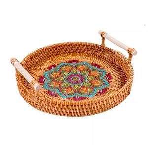 Wholesale Rattan Round Shape Food Serving Tray With <b>Wooden</b> Handles Kitchenware Ornaments <b>Tea</b> and Coffee Serving Tray - Product Image 1