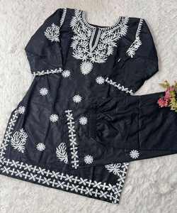 Rayon chikankari ชุดทำงาน kurti Palazzo ชุดสำหรับเทศกาลเสื้อผ้าพื้นเมืองระบายอากาศใส่สบายๆสีฟ้า - Product Image 5