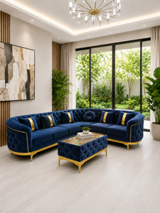Sofá Seccional Acolchado de Lujo, Sofá Esquinero Azul Marino, Muebles Modernos para Sala de Estar Tapizados en Terciopelo, Fabricante de Sofás Personalizados - Product Image 3