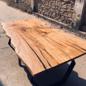 Mesa de comedor de 6 plazas con base de Metal hexagonal de trabajo de resina mínima con borde vivo de madera maciza moderna de resina epoxi duradera de Acacia - Product Image 6