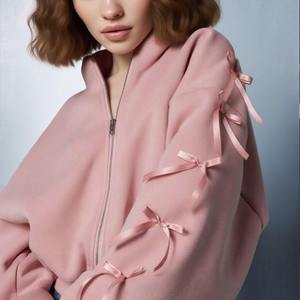 Haute qualité rose polaire coton hiver surdimensionné à capuche pour femmes broderie Streetwear fermeture éclair complète coupe ample imperméable séchage rapide - Product Image 2