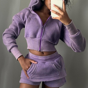 Vente en gros, logo personnalisé, survêtement à fermeture éclair pour femmes, vêtements de sport, sweats à capuche et shorts à manches longues, ensemble deux pièces pour femmes, ensemble survêtement pour femme - Product Image 4