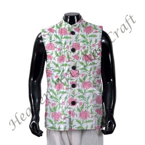 Chaqueta acolchada con estampado de bloques florales para hombre, chaquetas acolchadas Vintage Kantha Jaipur, chaquetas acolchadas hechas a mano, algodón con estampado de bloques - Product Image 3