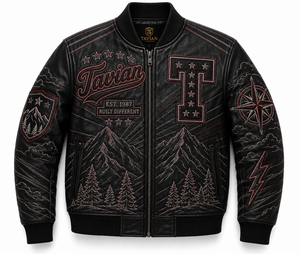 Blouson Bomber Homme en Cuir Véritable Personnalisé OEM ODM avec Patch Brodé Motif Montagne et Fermeture Éclair Avant Style Moto Hiver - Product Image 1