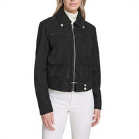 Veste de moto courte en cuir véritable noir jet pour femme Leathertex, taille XS, saison hiver, doublure en nylon et daim de mouton