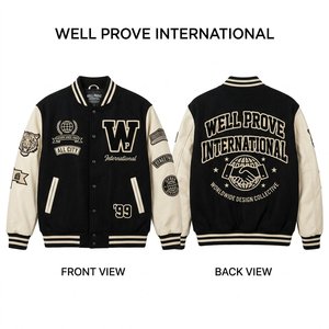 Chaqueta Varsity Personalizada de Lona Gruesa de 350 GSM, Mezcla de Poliéster/Algodón, con Capucha y Protección Contra el Viento, Parche de Chenilla, Azul Marino - Product Image 3
