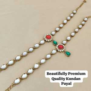 Par Payal de espejo Kundan chapado en oro de alta calidad para mujer, conjunto de tobilleras indias tradicionales con detalles intrincados, Ropa Étnica - Product Image 6