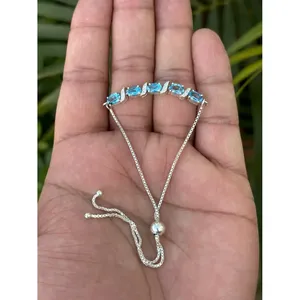 925 <b>Silver</b> Beaded Charm <b>Bracelet</b> with Blue Topaz Trendy Zircon Bangles for Wedding Anniversary Engagement or Gift - Product Image 6