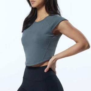 Haut pour vêtements de sport personnaliser col rond Sexy dame vêtements haut court couleur unie femmes culture - Product Image 5