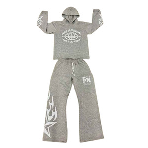 Ropa de calle lavada con piedras ácidas personalizada, pantalones acampanados abiertos de pierna ancha holgados, chándal con estampado de diamantes de imitación, sudadera con dobladillo crudo - Product Image 1