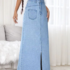 Falda vaquera dividida Maxi otoño ecológico transpirable línea A botón abajo cremallera frontal lado elegante versátil elegante - Product Image 3