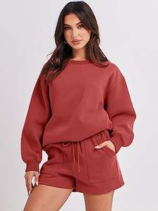 Wholesale Rib Cuffed Sweatshirt Hoodies Shorts Set Custom Tracksuits Women Fashion Round Neck Long Sleeve Solid Color Casual Top - Product Image 2