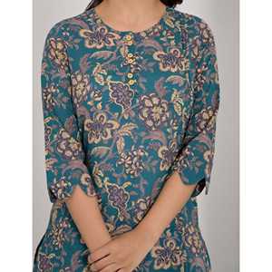 Conjunto de Dos Piezas de Algodón con Estampado Floral Azul, Atuendo de Verano con Detalle de Botones, Tallas XS-XL, Top de Manga Tres Cuartos y Pantalón - Product Image 2