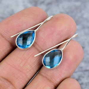 Blue Topaz 925 Sterling <b>Silver</b> Pear Shape Gemstone <b>Earrings</b> Wire <b>Earrings</b> for <b>Women</b> Statement Wedding <b>Earrings</b> Gift for Her - Product Image 3