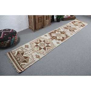 Vintage Herki Patchwork <b>Wool</b> Rug Eco-Friendly <b>Brown</b> Moroccan Turkish Rug with Latex Backing 2.2x11.7 ft (68x358 Cm) - Product Image 2