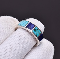 Cincin Kawin Wanita Perak Sterling Laris Manis Model Bezel Setting Halus Batu Lapis Lazuli Turquoise Alami 4mm-4x6mm Gaya Bohemian