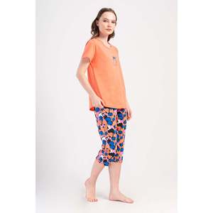 Conjunto de Pantalones Capri y Top de Cuello Redondo KADIN P.SUPREM O YAKA KISA KOL ETEGI OVAL - Color Coral - Product Image 2