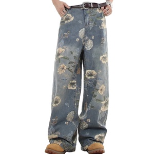 Blue Flower Print <b>Jeans</b> <b>Men's</b> High End Niche Unique Exquisite Design Sense Straight Leg Long Loose Pants - Product Image 4
