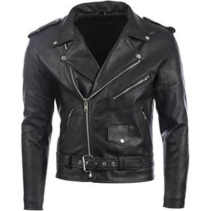 Veste de motard en cuir véritable noir pour homme, style classique de moto avec ceinture à la taille, poches zippées et col à revers - Product Image 5