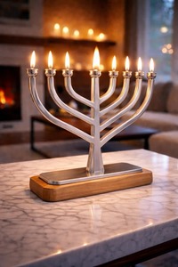 Menorá Art Deco de Lujo Hecha a Mano, Aluminio, Acero Inoxidable, Niquelado, Metal Pulido, Base de Mármol, Regalo Judaico, Hanukkah, Hogar - Product Image 4