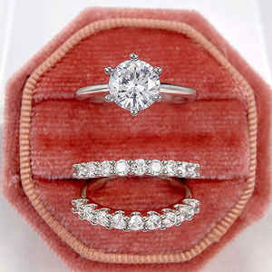 Ensemble de mariage 3 pièces, bague en diamant de laboratoire taille ronde, plaqué or blanc 18 carats, alliance en moissanite, bague de fiançailles, vente en gros, sur mesure - Product Image 5