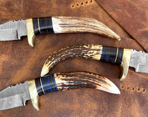 Cuchillo de caza de bolsillo de hoja fija de acero de Damasco hecho a mano al aire libre al por mayor con Funda de cuero a la venta - Product Image 2