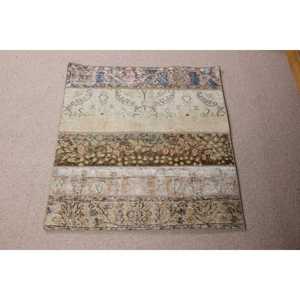 2.6x2.9 ft Small Vintage Turkish Rug <b>Brown</b> Abstract <b>Wool</b> Eco-Friendly Patchwork Latex Backed Rug - Product Image 1