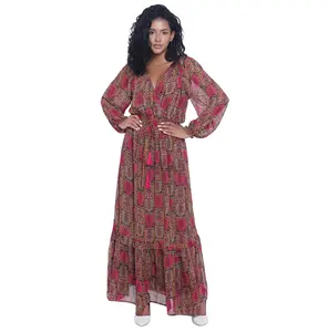 Summer Beach Wear Women's Boho Paisley Foil Printed Long Dress in French Crepe and Silk Fabric Home Wear Long Sleeve Loungewear