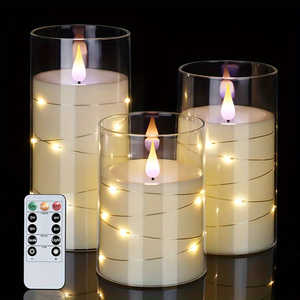 Juego de 3 Velas LED Acrílicas Románticas con Función de Temporizador, Control Remoto, Luces de Cadena Integradas, Efecto de Llama Parpadeante sin Flama, Forma Cónica - Product Image 1
