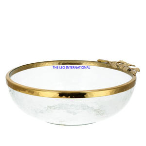 Aluminum and Glass Material <b>Large</b> Home Round Shape Decorative Glass Serving <b>Bowl</b> with Metal Golden Trim <b>Bowl</b> - Product Image 1