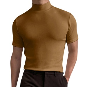 T-shirts décontractés à manches courtes et col roulé pour hommes, t-shirts de base d'été, motif 100% polyester, couleur unie, maillot masculin d'été - Product Image 4